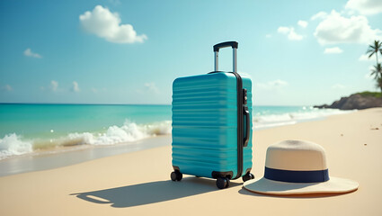 Flat Suitcase and Travel Accessories for Beach Vacations - Cute Vector Illustration