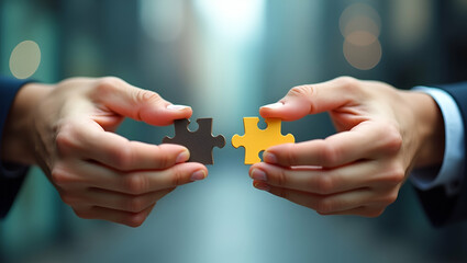 Two hands holding jigsaw pieces symbolize teamwork and building successful collaboration for organizational goals. concept as Highlights the importance of unity collaboration and strategic partnership