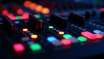 Vibrant Audio Mixer with Colorful Lights in Close-Up: Ideal Stock Photo for Music Production and Sound Engineering Visuals with Space for Text on the Left