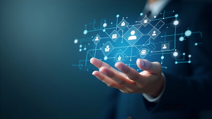 Hand interacting with holographic digital marketing targeting interface showing targeting customer engagement analytics icons in empty space concept as Hand interacts with holographic digital marketin