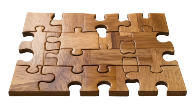Interlocking wooden puzzle pieces perfectly assembled, showcasing collaboration and problem-solving