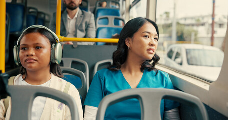 Bus, travel and woman by window thinking for journey, morning commute and trip in city. Public transport, passenger and nurse with people on vehicle to work, job and career at hospital in urban town © DavidL25/peopleimages.com