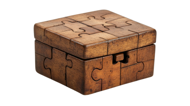 Puzzle Box: A close-up view captures an intricately crafted wooden puzzle box, its surface bearing the marks of skillful artistry, ready to engage the mind.