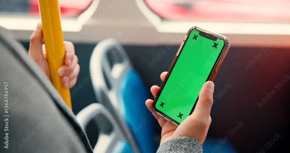 Aufkleber hand, phone and green screen in bus, app and user experience with tracking markers on commute. perso