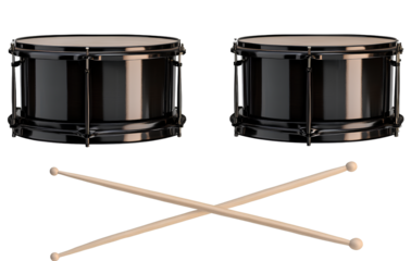 Two black drums and two drumsticks isolated on a transparent background