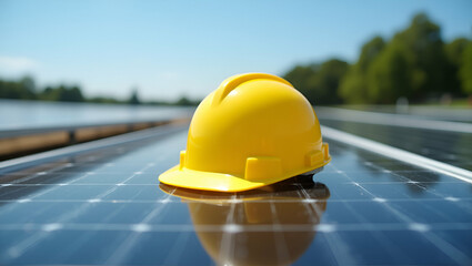 Yellow Safety Helmet on Solar Panel: A Symbol of Workplace Safety and Renewable Energy Technology - Stock Photo Concept with Space for Customization