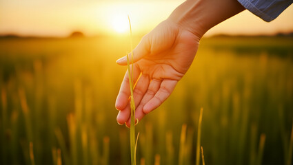 Flat Vector Illustration: Woman's Hand Touching Grass at Sunset - Rural Serenity