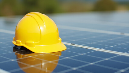 Flat Bright Yellow Safety Helmet on Solar Panel: A Symbol of Safety Protocols in Renewable Energy Projects - Cute Vector Illustration for Smart Business