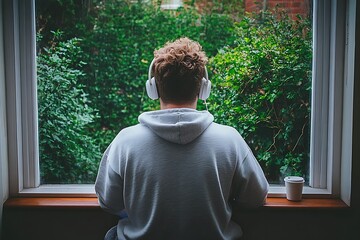 A person wearing headphones looking out a window outside