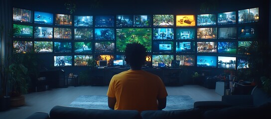 A person observes many screens in a dimly lit room setting