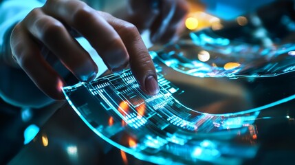 A material scientist designing flexible electronics for wearable devices, cutting-edge lab with real-time testing of electronic components and flexible substrates, Scientific style