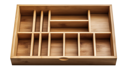 Organizational Sanctuary: A top-down view showcases an elegantly designed bamboo drawer organizer, ready to bring order to your space.