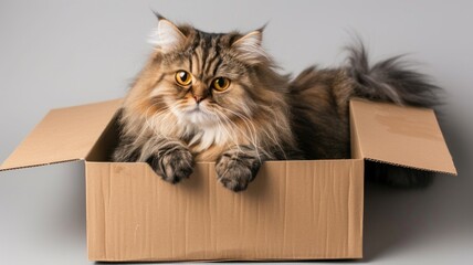Fluffy cat relaxing inside a cardboard box on a cozy day