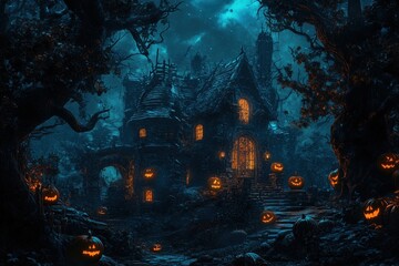 Fototapeta premium A haunted house with pumpkins and trees at night, full moon behind
