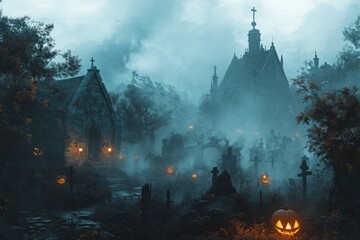 A haunted house with pumpkins and trees at night, full moon behind