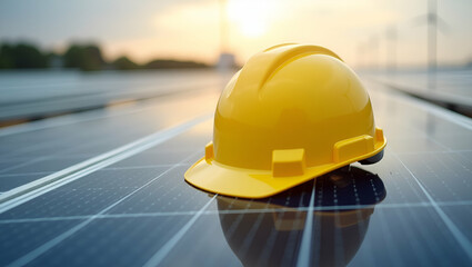 Yellow safety helmet on solar cell panel illustrating workplace safety and renewable energy technology concept as Yellow safety helmet placed on a solar cell panel illustrating workplace safety and re