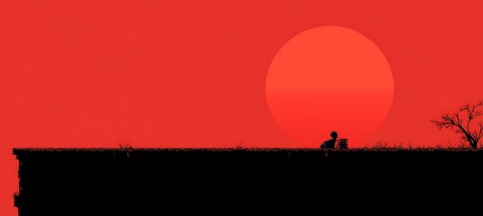 Fototapeta premium A silhouette of a person and a large red setting sun