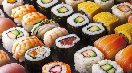 Delicious sushi feast japan food display restaurant close-up culinary art