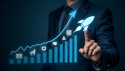 Businessman Interacting with Holographic Growth Graph for 2026 Startup Success