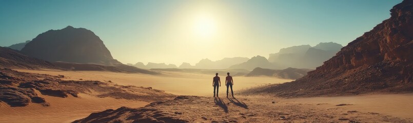 Fototapeta premium Desert landscape with mountains and sun shining through clouds