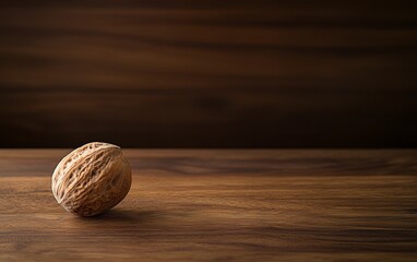 Brown walnut resting on wooden surface highlights natural texture and grain at close range