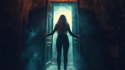 Woman with long hair opening a large door into a mysterious smoky blue room. Ai generated