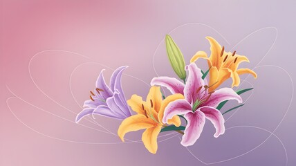 Obraz premium A colorful lily illustration with a soft pink color background.