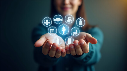 Hand Holding Holographic Icons for Wellness Spa Packages - Relaxation Options in Stock Photo