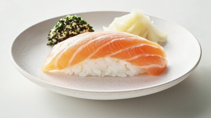 Savoring fresh salmon sushi japanese restaurant food photography minimalist setting close-up view culinary delight