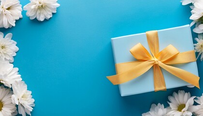 Pastel Blue Gift Box with Pastel Yellow Ribbon on Flowers Background. Top View of Gifts for Babies with Copy Space