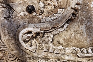 Dragon carving art on the wall, Thailand.