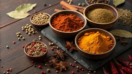 A colorful assortment of spices in bowls on a wooden table, showcasing culinary ingredients.
