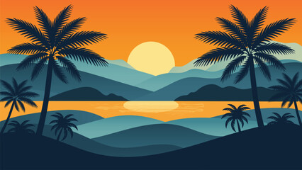 Summer Sunset Landscape Illustration with Palms and Mountains Flat Vector.