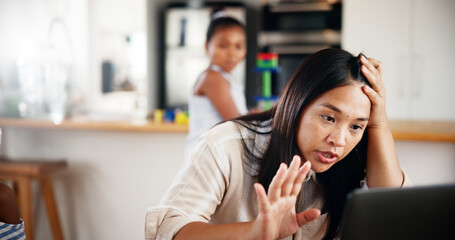 Laptop, remote work and video call with woman in home for business, communication or virtual meeting. Computer, conversation or stress and freelance person in kitchen of apartment with frustration
