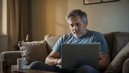 A frustrated man reads bad news about debt at home.