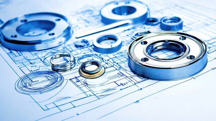 Manufacturing process of mechanical components industrial workshop blueprint analysis technical environment close-up view precision engineering