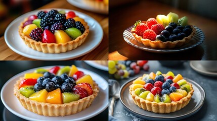 Four assorted fruit tarts with various berries and fruits.