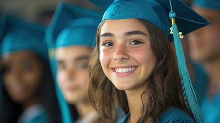 Smiling hispanic female teen graduate in teal cap and gown at graduation ceremony