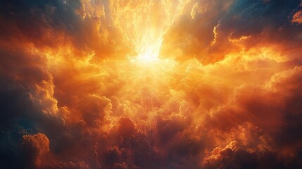 Fototapeta premium Dramatic sunset sky with vibrant orange and yellow clouds and glowing sunbeams