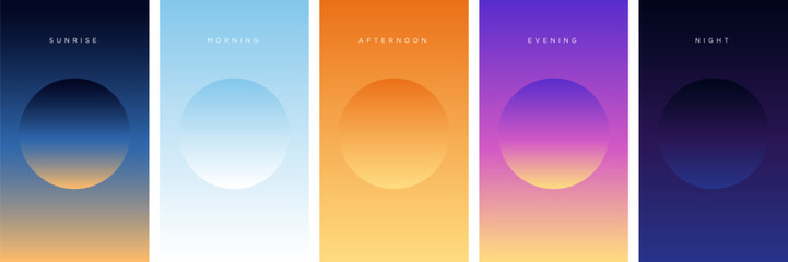 Sunrise to sunset colorful gradients background set. Smooth blurred wallpaper set in pink, blue, purple colors. Abstract night or evening sky horizon backdrop. Vector illustration