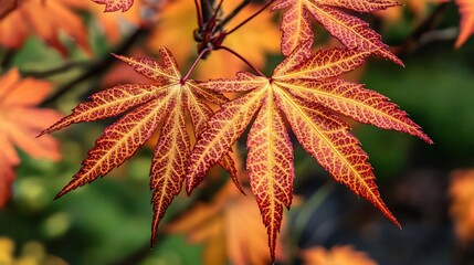  The delicate, textured leaves of a red maple glowing in the morning light, showcasing their stunning red and orange hues. 