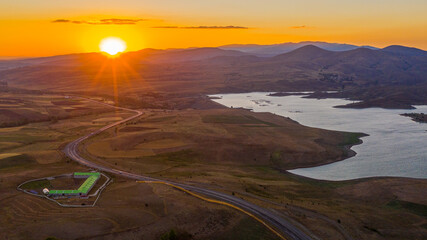 Aerial view of dam at sunset Imranli, Sivas, Turkey