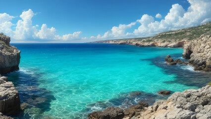 Obraz premium Bright Turquoise Cove Surrounded by Rocky Cliffs and Clear Skies