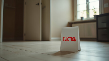 Flat Minimalist eviction notice on empty apartment floor depicting quiet aftermath of economic loss and urban decline concept as Minimalist eviction notice placed on empty apartment floor symbolizing 