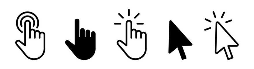 Computer mouse cursor clicks arrow hand vector icon set black and white.
