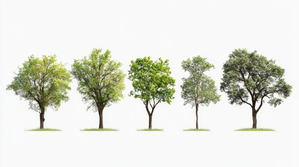 Five diverse trees in various stages of growth on white background