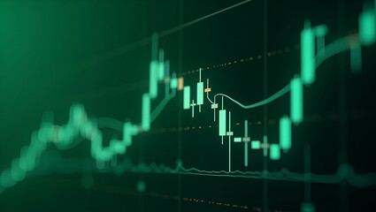Flat Bull Market Trading: Uptrend Candlestick Graph on Green Background Showcasing Rising Prices Enhanced by Generative AI Technology - A Cute Vector Illustration of Financial Growth