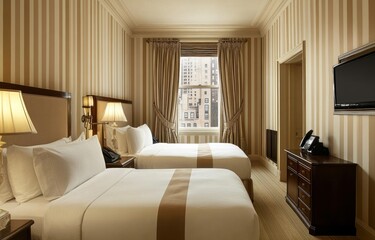 A hotel bedroom featuring two beds with luxurious decor and a city view