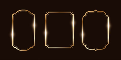 Golden Frames for wedding invitation. Golden frames with shine effect in art deco style. Thin line oval and rectangle set for invitation decoration.