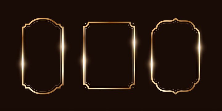 Golden Frames for wedding invitation. Golden frames with shine effect in art deco style. Thin line oval and rectangle set for invitation decoration.